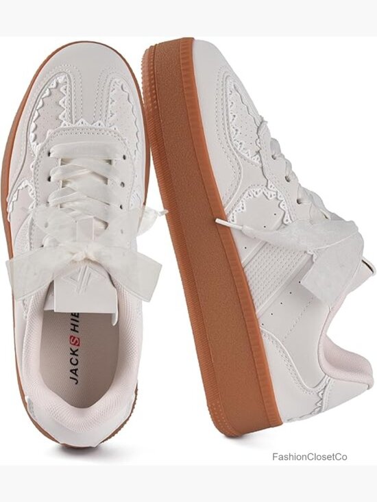 Shoes - Ribbon Lace-Up Chunky Sneakers Memory Foam Arch Support Gum Sole Fashion